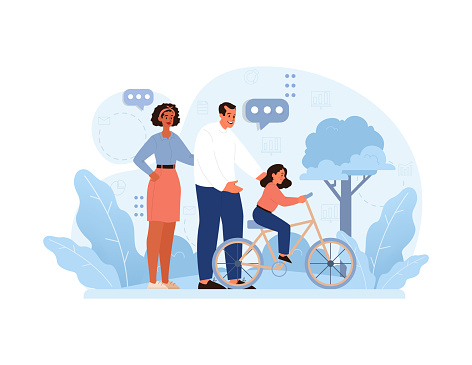 Harmony in Diversity Concept. A blended family enjoying outdoor moments, with the father guiding his daughter on a bicycle, showcasing love and unity. Modern family dynamics. Flat vector illustration.