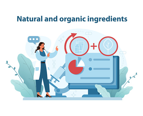 Natural and organic ingredients in skincare illustration. Harnessing botanical extracts for pure formulations. Embracing earth's wellness in beauty products. Vector illustration.