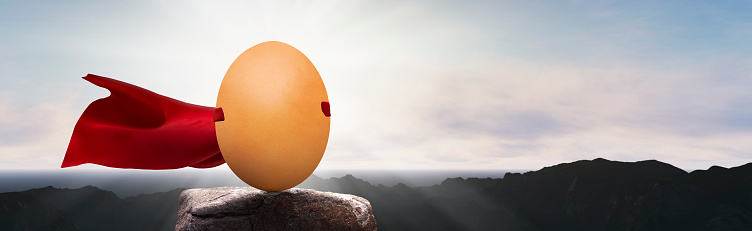 panoramic - brown chicken egg on the mountain with super hero cape