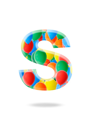 Close-up of three-dimensional multi colored balloon alphabet letter S on white background.