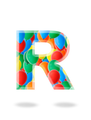 Close-up of three-dimensional multi colored balloon alphabet letter R on white background.