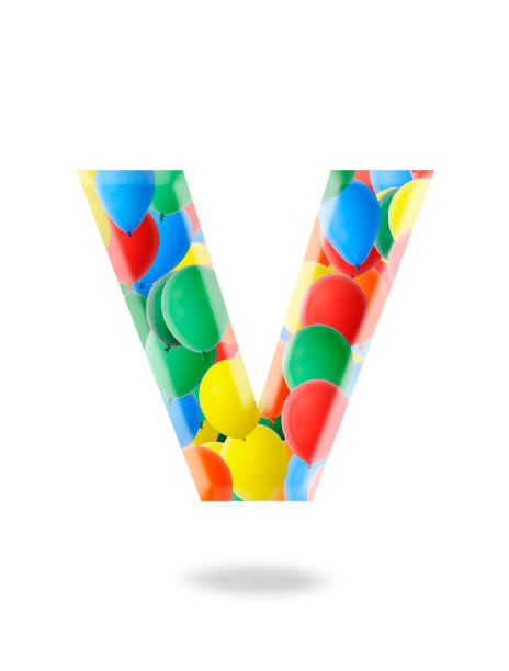 Close-up of three-dimensional multi colored balloon alphabet letter V on white background.