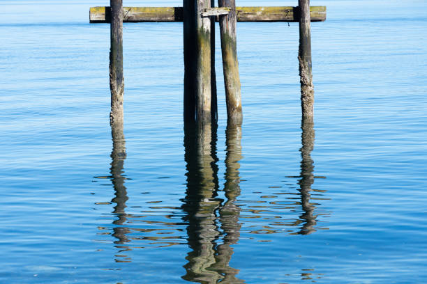 An image of the rippled water reflection of old dock pilings left behind to decay in the blue ocean water.