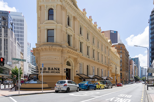 Wellington, New Zealand - February 11, 2024: Old Bank Arcade building at Lambton Quay in Wellington, New Zealand. The Old Bank Arcade is a retail and office complex.