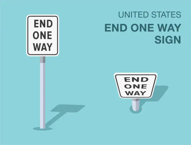 Vector illustration of Traffic regulation rules. Isolated United States end of one way road sign. Front and top view. Vector illustration template.