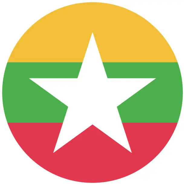 Vector illustration of Myanmar flag. Standard colors. Circular icon. Computer illustration. Digital illustration. Vector illustration.