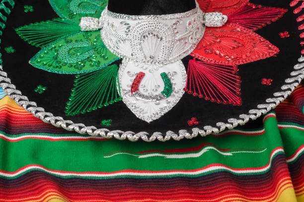 istock Mariachi hat on colorful serape. Mexican sombrero. Cinco de mayo background. 2095400441