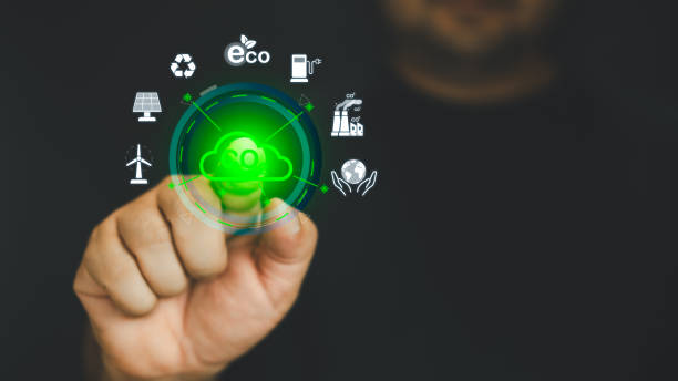 istock Hand points to a touchscreen CO2 icons and an icon renewable energy for reduce CO2 emission 2095400967
