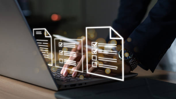 istock Questionnaire with checkboxes, filling survey form online, answer questions of test. Survey form concept. Education futuristic technology and learning concept. 2095455311