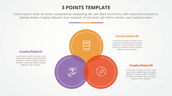 3 points stage template infographic concept for slide presentation with venn circle center with 3 point list with flat style vector