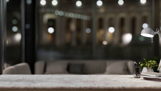 istock A space for displaying products on a white marble tabletop in a modern living room at night. 2095463096