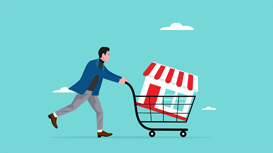 buy a franchise illustration with businessman push shopping carts containing franchise icons concept vector illustration