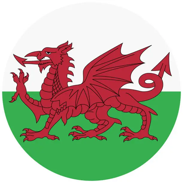 Vector illustration of Wales flag. Wales circle flag. Button flag icon. Standard color. Round button icon. The circle icon. Computer illustration. Digital illustration. Vector illustration.