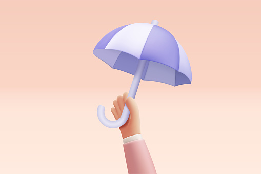 3d purple umbrella icon with curved handle in hand on pastel background. Rainy season or insurance protection minimal concept. 3d umbrella icon vector with shadow render illustration