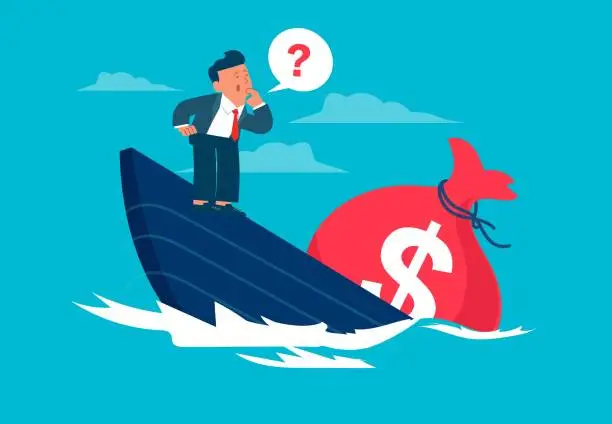 Vector illustration of Shipwrecks, debt problems or bankruptcy, financial problems, loss-making investments or business operations, hapless businessmen watching overweight bags of money cause a ship to tilt and sink