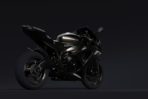 Black sports motorcycle on black background. Moto service and Moto racing concept