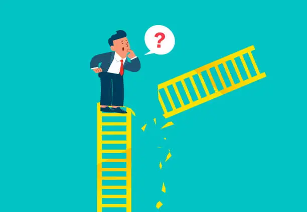 Vector illustration of Frustration, loss of direction and ladder to move forward, loss of self, loss of opportunity, problems or adversity in career or business path, breakage of ladder for businessman to climb upwards