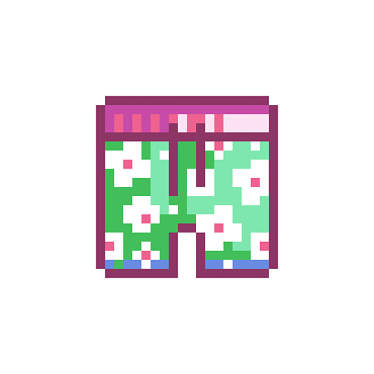 Pixel Art Swimming Shorts Icon. Vector Y2K 8Bit Sticker of Poolside Swimwear. Cute Floral Boardshorts Video Game Element for Summer Design.
