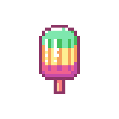 Pixel Art Popsicle Icon. Vector Y2K 8Bit Sticker of Frozen Treat. Cute Ice Pop Summer Snack Video Game Element for Graphic Design and Decor Print