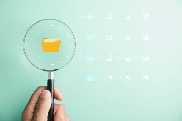 Yellow folder search 3d icon - folder under the magnifier. 3d illustration isolated on white in the design of the information related to computer technology