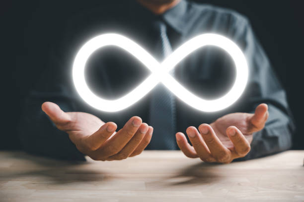 istock Circular infinity symbol in businessman's hand on dark background 2095580667