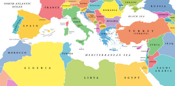 Mediterranean Basin, political map with different colored countries Mediterranean Basin, political map with different colored countries. The Mediterranean Sea and region with the countries of South Europe, North Africa and the Near East. Isolated illustration. Vector. levant map stock illustrations