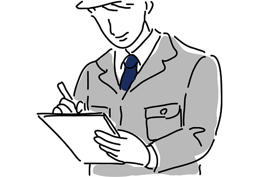 Illustration of a man writing on a clipboard with a pen.