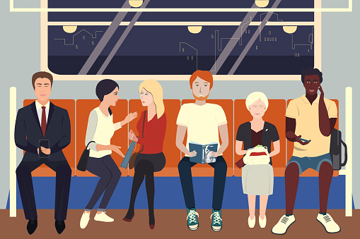 People are sitting in the subway. Cartoon characters. Men and women go to work and study. Vector isolated illustration