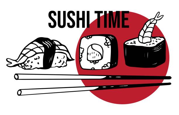 vektor sushi zeit handgezeichnetes logo mit teller essstäbchen und gewürzen isoliert auf weiß - sushi nigiri white background red stock-grafiken, -clipart, -cartoons und -symbole