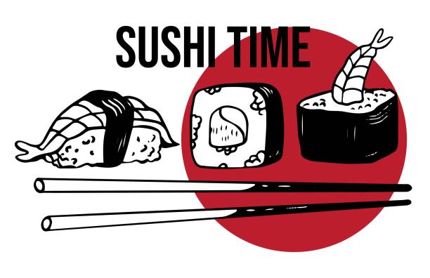 illustrations, cliparts, dessins animés et icônes de logo dessiné à la main de temps de sushi vectoriel avec des baguettes d’assiette et des épices isolées sur blanc - sushi nigiri white background red