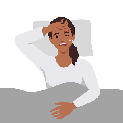 Shocked woman lying in bed at home. Astonished woman peeks out from blanket. Girl woke up in horror after nightmare in dream. Insomnia. Flat vector illustration isolated on white background
