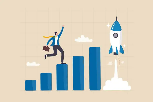 Vector illustration of Boost rocket to business growing fast, investment growth, start or launch new business, innovation to boost success, rising up and improvement concept, businessman on growth chart launching rocket.
