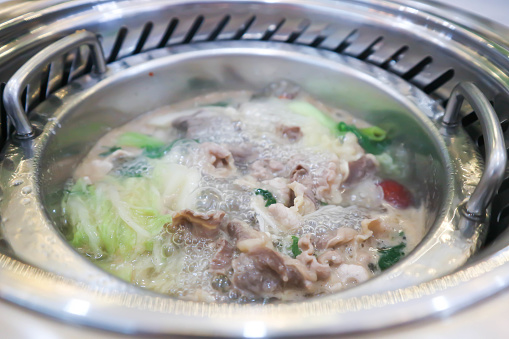 Sukiyaki ,suki or shabu pot or pork and vegetable soup in the pot for eat