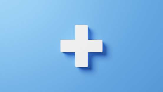 3D Illustration.White cross on blue background. Overhead view. (horizontal)