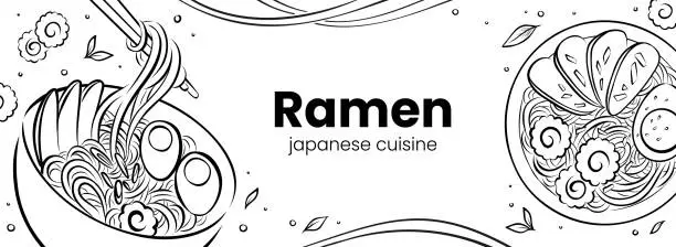 Vector illustration of Web banner with line illustrations of Asian Ramen bowls.