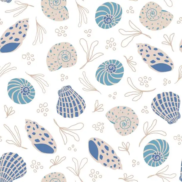 Vector illustration of Shells seamless pattern. Summer, beach, sea life, ocean, travel, vacation elegant repeat background. Fabric, paper design.