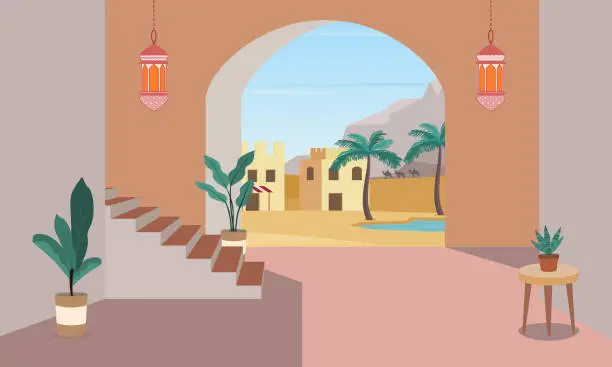 Vector illustration of Entrance hall in Moroccan, Arab, or Indian style with view of desert landscape. Vector illustration.