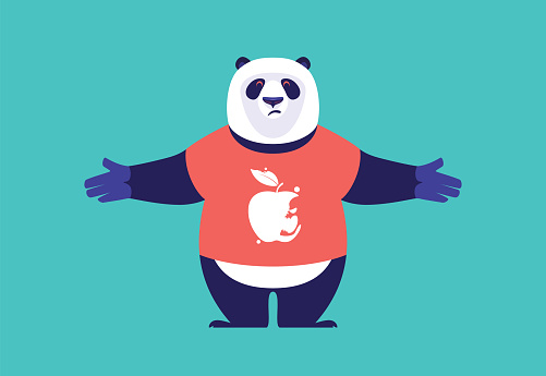 vector illustration of sad panda finding bad apple on red t-shirt
