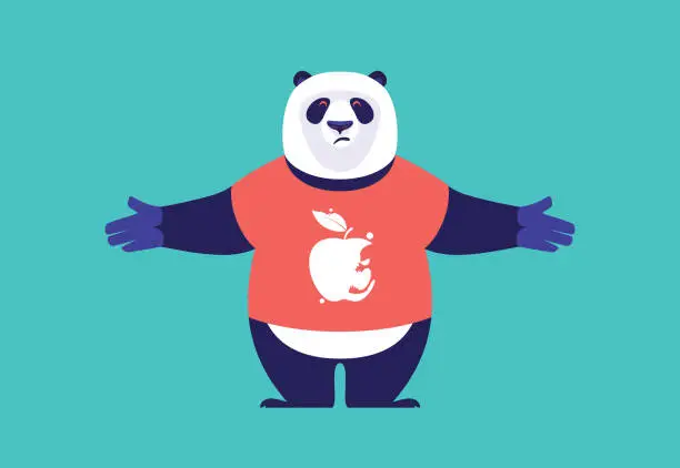 Vector illustration of sad panda finding bad apple on red t-shirt