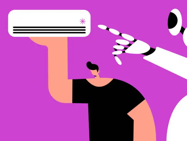 Vector illustration of AI Robot help man cleans the air conditioner.