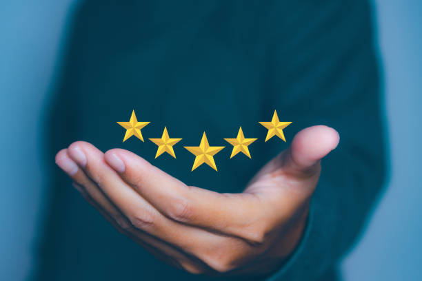 istock Businessman giving high score for feedback review satisfaction service. Customer satisfaction experience with five star icon and excellent for feedback review satisfaction service. 2095751002