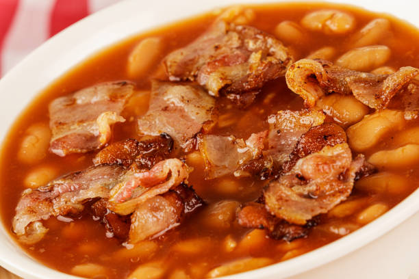 A bowl of Baked Beans also known as Pork & Beans with copy space
