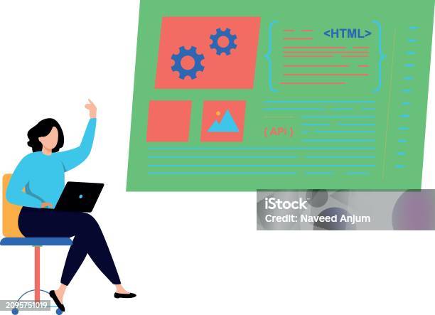 A Girl Is Working On Html And Api Coding Stock Illustration - Download ...
