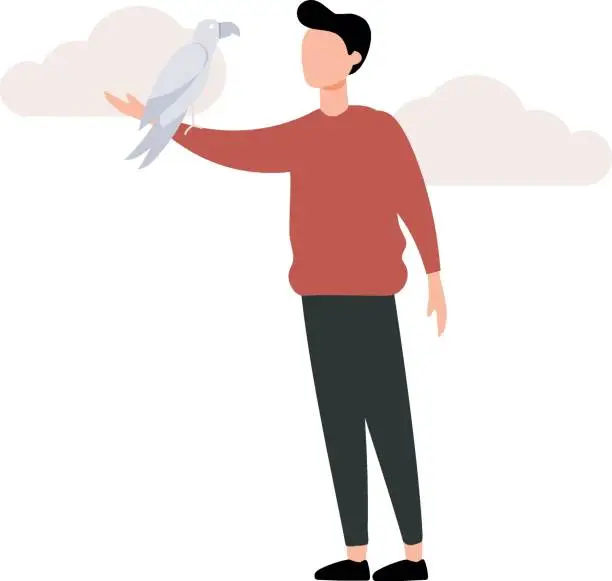 Vector illustration of The boy has a parrot on his arm.