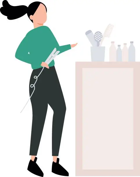 Vector illustration of The girl is holding a straightener.