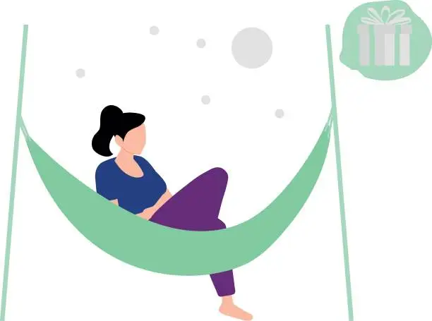 Vector illustration of The girl is sitting on a hammock dreaming of a gift.