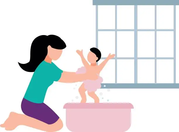Vector illustration of A mother is bathing her baby.