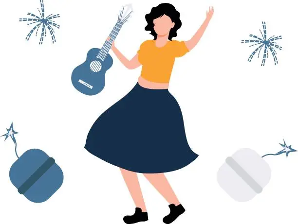 Vector illustration of The girl is dancing while playing guitar.