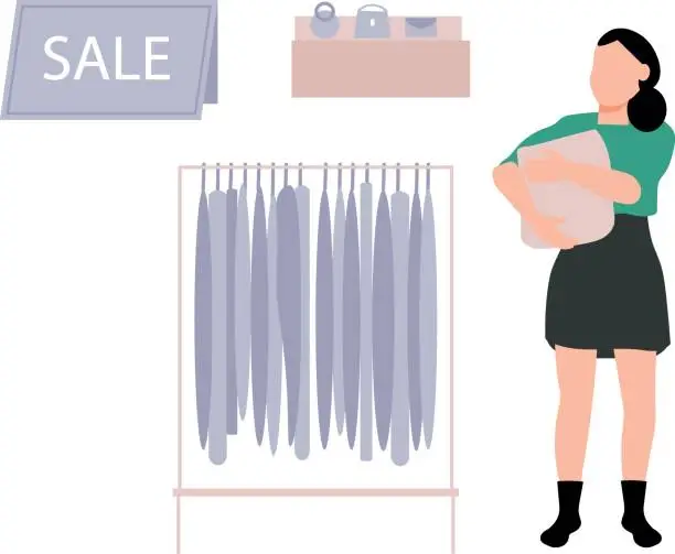 Vector illustration of The girl is standing by the clothes rack.