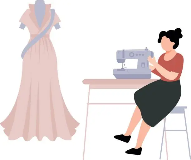 Vector illustration of A female sits by a sewing machine.